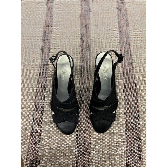 Studio Works Ladies Black Open Toe Elastic Strap 3” Heels With Bonded Leather So - Picture 4 of 8